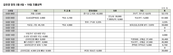 자취 한달차 20대 대학생 김유경 양의 지출 내역이다.