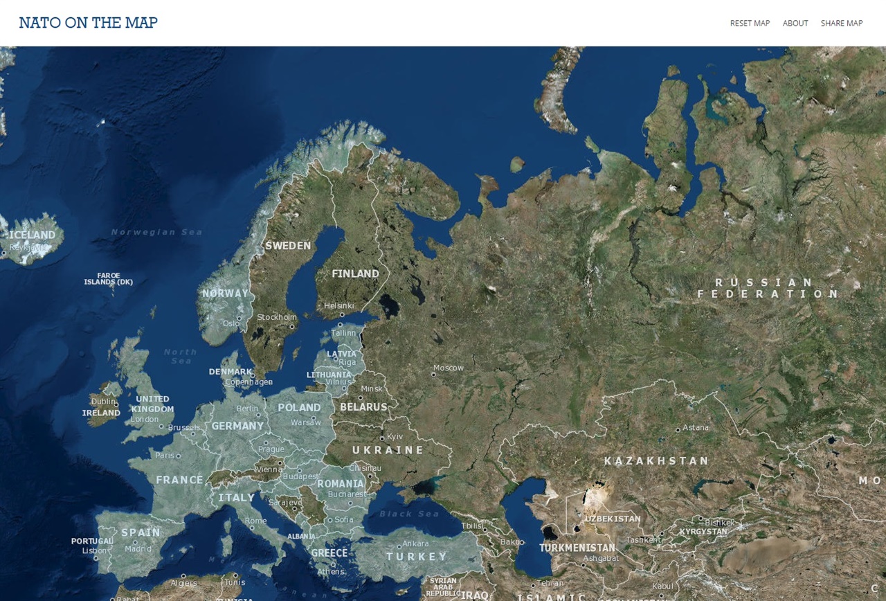 북대서양조약기구(NATO·나토) 홈페이지의 회원국 지도 갈무리. 푸른색이 나토 회원국 영토다. 