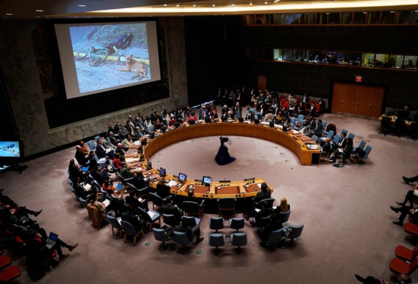 러시아의 우크라이나 침공과 관련해 미국 뉴욕 유엔본부에서 5일(현지시간) 열린 유엔 안전보장이사회