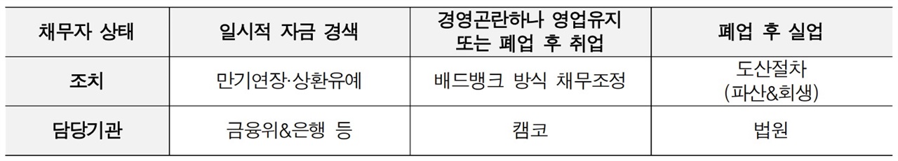  중소상인 채무자의 부채상태에 따른 차별화된 접근 제안. 김남주 변호사 발제문에서 캡쳐.