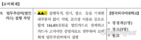 한국외대에 대한 교육부의 감사결과 보고서. 