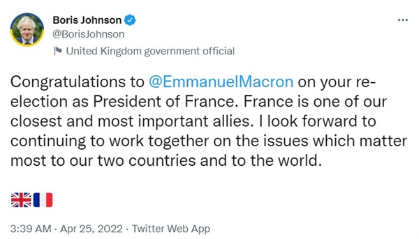 보리스 존슨 영국 총리는 트위터를 통해 마크롱 대통령의 재선을 축하하는 메시지를 남겼다.