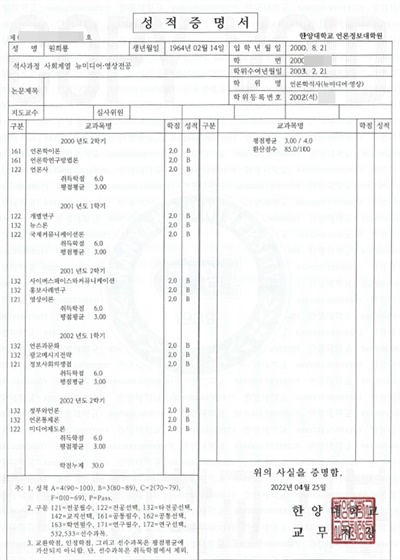 모든 과목에서 'B' 학점을 받은 원희룡 국토교통부장관 후보자의 한양대 언론정보대학원 성적표.