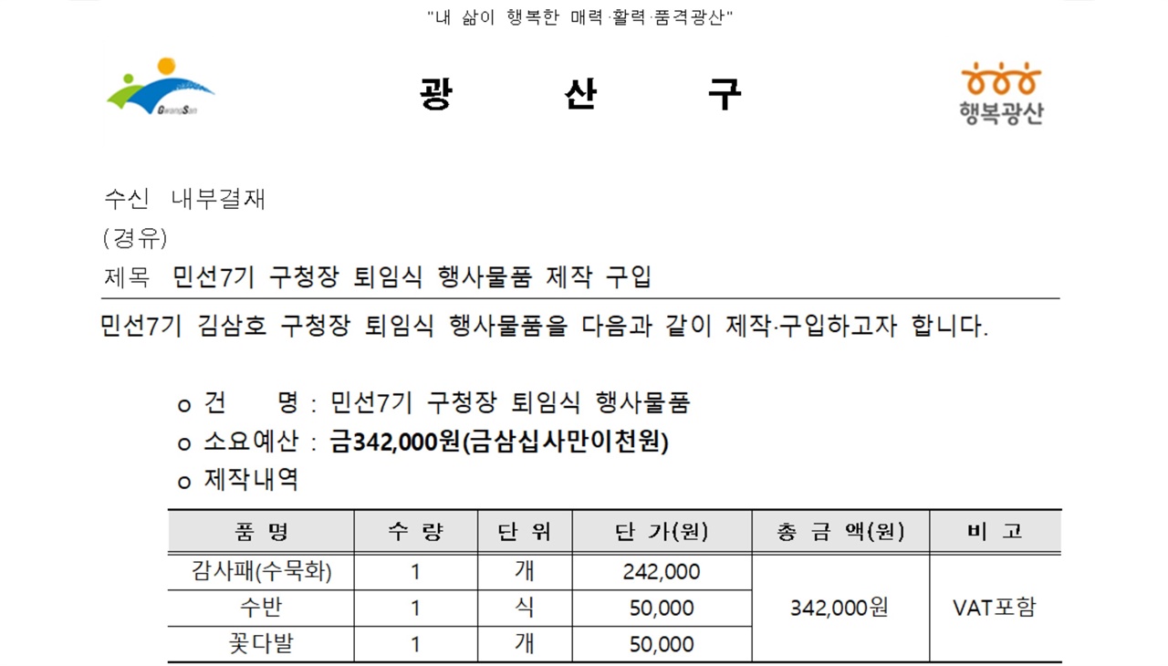 광산구청이 공개한 '민선7기 구청장 퇴임식' 관련 예산 사용 내역