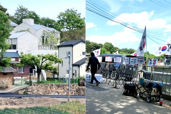 경남 양산 평산마을에 있는 문재인 전 대통령 사저(왼쪽) 앞에서 보수단체가 집회를 연 모습(오른쪽). 