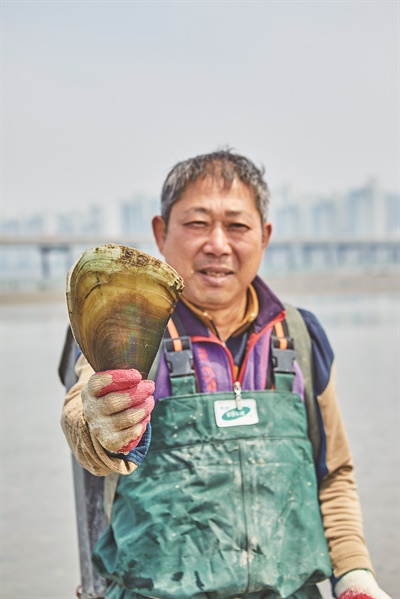  송도 갯벌에서 캔 키조개를 들어 보이는 오세철씨