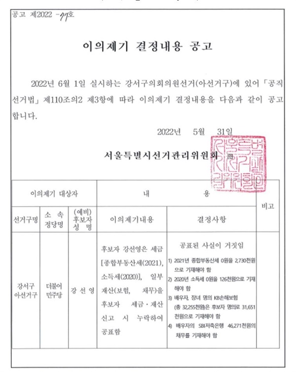 31일 서울시선관위는 강서구의회의원선거에 있어 공직선거법 제110조의2 제 3항에 따라 이의제기 결정내용을 공고했다.