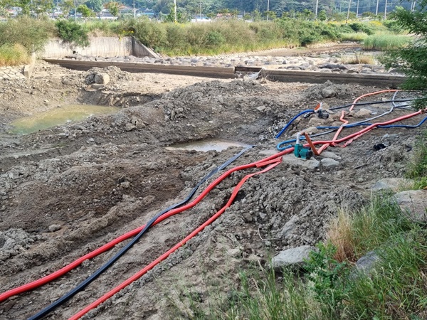 2022년 5월 27일 전남 고흥군 봄 가뭄 현장 4km 밖의 물을 끌어들이기 위해 농민들이 40미터 길이 호스 1백개를 연결해 물을 대고 있다. 