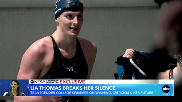  미국 트랜스젠더 여자 수영 선수 리아 토마스의 ABC 방송 인터뷰 갈무리.