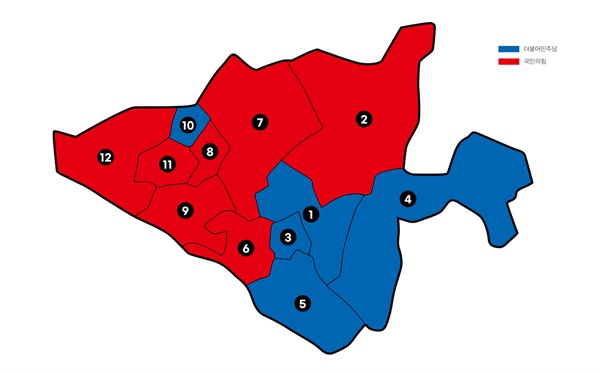 도의원 고양지역 개표결과, 민주당(파란색), 국민의힘(빨간색)  선거구별 우세지역
