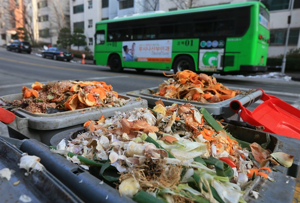 서울 성북구의 한 아파트 단지의 음식물 쓰레기가 며칠째 수거되지 않아 쌓여있다.