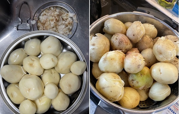          감자요리는 감자를 씻어서 껍질을 벗기는 일에서 시작합니다(왼쪽 사진). 오른 쪽 사진은 껍질 채 찐감자입니다.