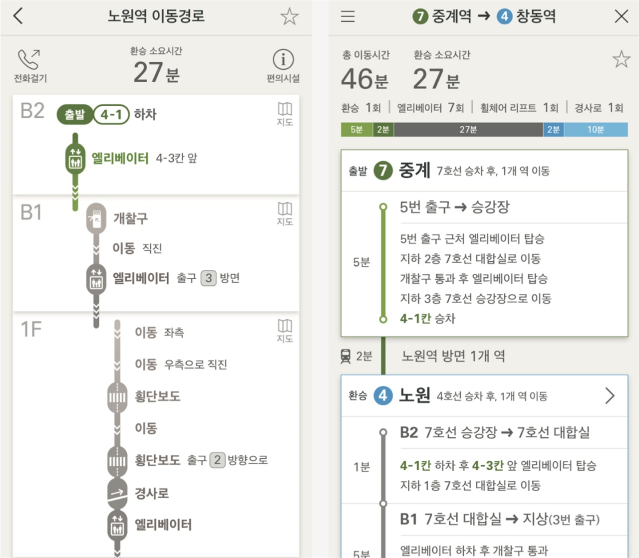 '무의'에서 배포한 서울 지하철 교통약자 환승지도를 이용하여 환승 경로를 알 수 있다. (www.wearemuui.com)