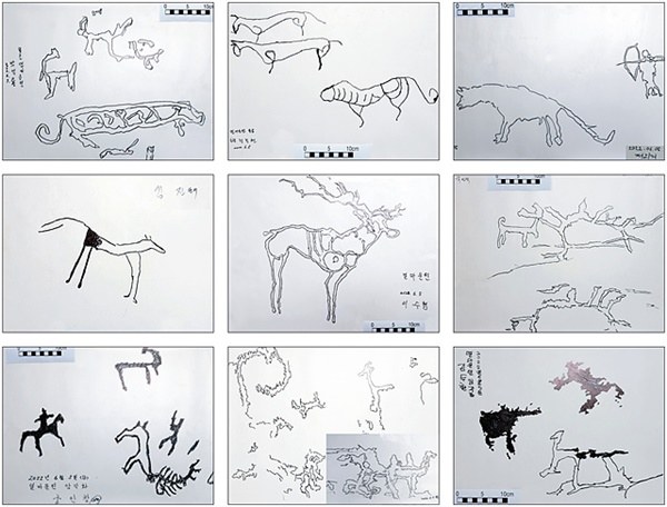 고조선답사단 일행이 델마운틴에서 자신이 선택한 암각화를 아스테이지에 그린 탁본들 모습.  