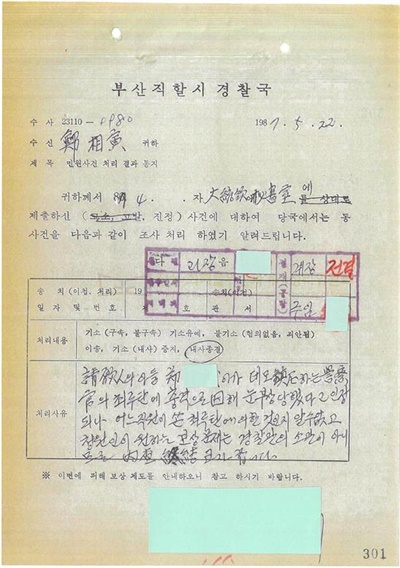 최루탄에 의한 실명 사건. 경찰이 1987년 5월 22일 최루탄 피해 민원사건 처리를 위한 기안문이다.