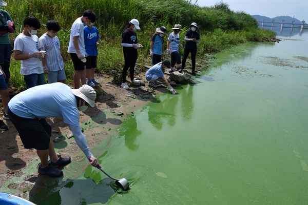 녹조곤죽 낙동강 앞에서 낙동강 탐사대 대원들은 강에 가까이 다가서기가 망설여진다. 수질조사를 위해 겨우 물을 한 컵 뜬다. 