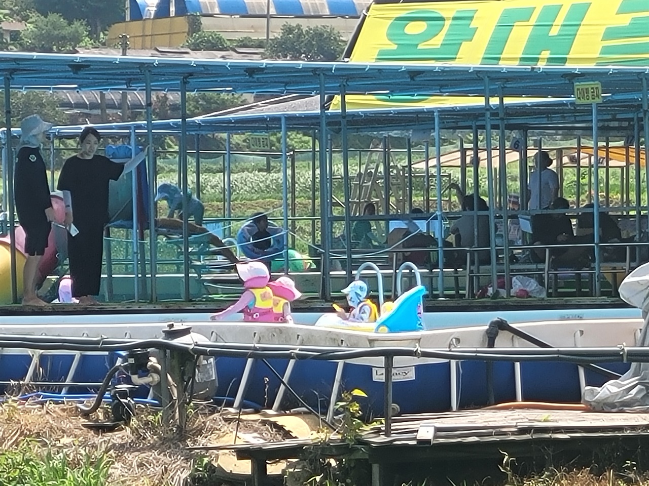 구항면에 있는 왕대골 수영장에도 무더위를 피해 피서객들이 찾고 있다. 어린이들이 물놀이를 즐기고 있다. 