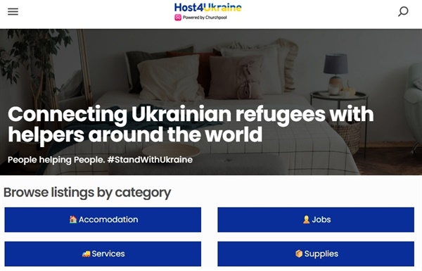 호스트 포 우크라이나(Host4Ukraine.com)는 우크라이나 난민을 지원하는 온라인 플랫폼으로 지난 2월26일 시작됐다. 숙박시설 또는 일자리, 물품 등을 지원할 수 있게 돼 있다. 사이트 첫화면 갈무리. 