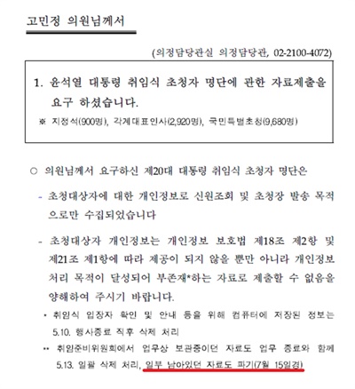  행정안전부가 윤석열 대통령 취임식 초청자 명단 자료제출 요구 관련해 8월 2일 고민정 더불어민주당 의원실에 보낸 답변서