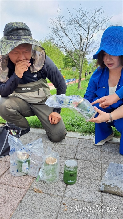 이수진 국회의원이 낙동강에서 쓴 '녹조 물'을 살펴보고 있다.