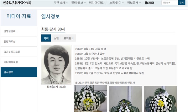 민주화운동기념사업회 홈페이지 내 게재된 최동 열사 관련 자료.