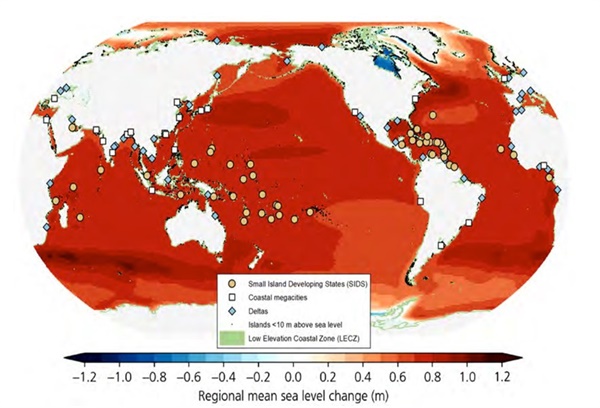 해수면 상승으로 인해 위험에 처한 저지대 섬 및 해안 지역 분포도.