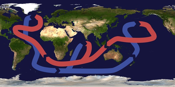 지구의 해류를 간략하게 표시한 그림. 붉은 색이 난류, 파란색이 한류이다. 