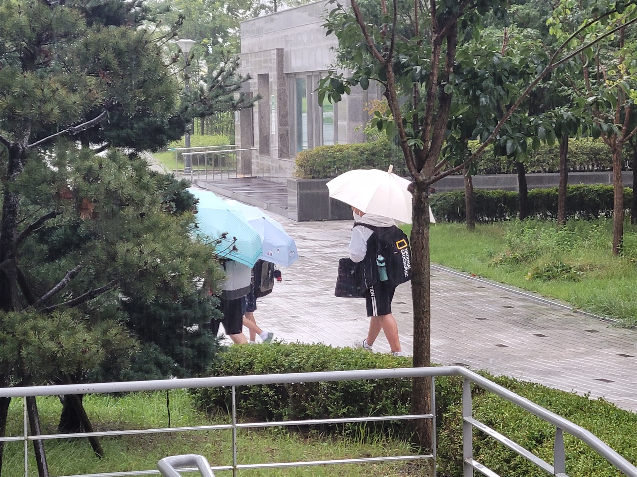 홍성지역에 오전 8시를 기해 호우주의보가 발효된 가운데 많은 비가 내리고 있다. 학생들이 우산을 쓰고 등교하고 있다.
