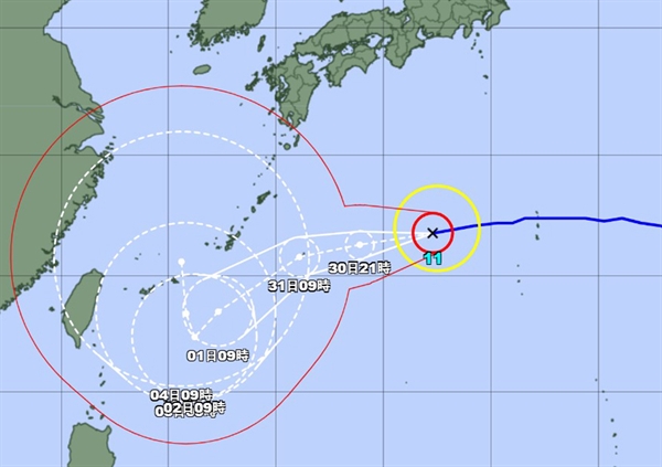 일본 기상청이 예측한 제11호 태풍 힌남노 이동 예상 경로.