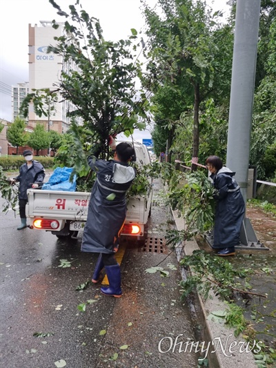 태풍 '힌남노'가 닥친 6일 새벽 경남 창원마산에 있는 한 도로에 나무가 넘어져 제거 작업이 진행되고 있다.