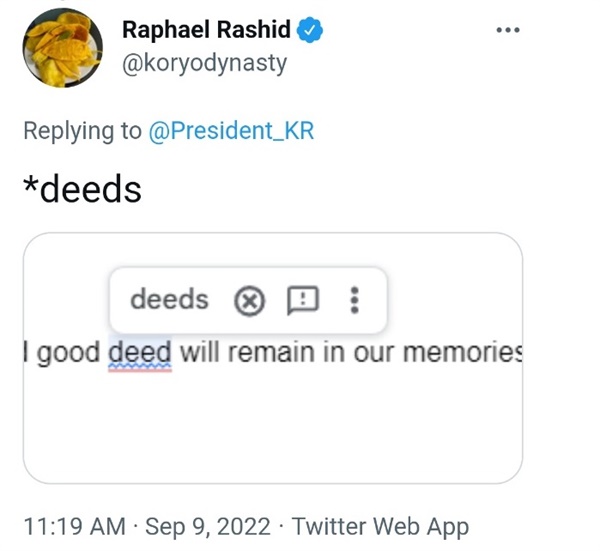 다시 게시된 추모글 역시 단어를 잘못 표기했다는 지적을 받고 있다. 영국 출신이자 프리랜서 외신기자인 라파엘 라시드(Raphael Rashid) 기자는 선행(good deed)이라는 단어에서 deed가 아닌 deeds라 표기해야 한다고 지적했다. 
