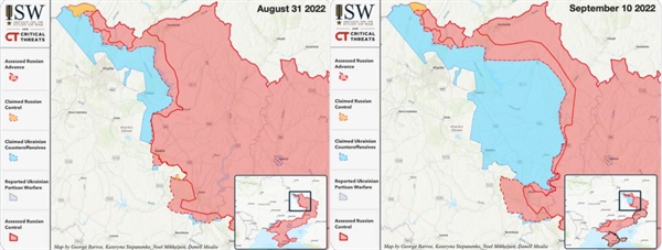 미국 싱크탱크 정치연구소(ISW)의 경우 9월 초부터 현재까지 약 2500㎢의 영토가 수복됐다고 판단했다. 왼쪽 지도는 8월 31일의 지도고 오른쪽 지도는 9월 10일 지도로 하늘색 영토가 9월 들어 우크라이나군이 수복한 영토다.