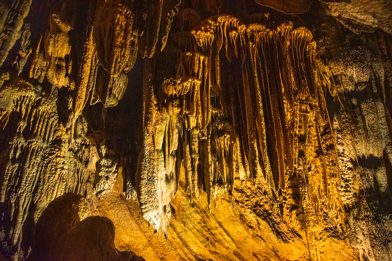 온달동굴은 석회동굴이다. 그래서 사진에 보이는 종유석과 석순, 석주 등이 있다.