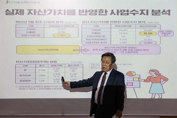  김헌동 서울주택도시공사(SH) 사장이 22일 오전 서울 강남구 SH에서 열린 내곡지구 사업성 분석결과 공개 및 향후 주택사업 계획 기자설명회에서 발언하고 있다. 2022.9.22