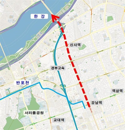 서울 강남역 일대 대심도 빗물배수터널 계획도