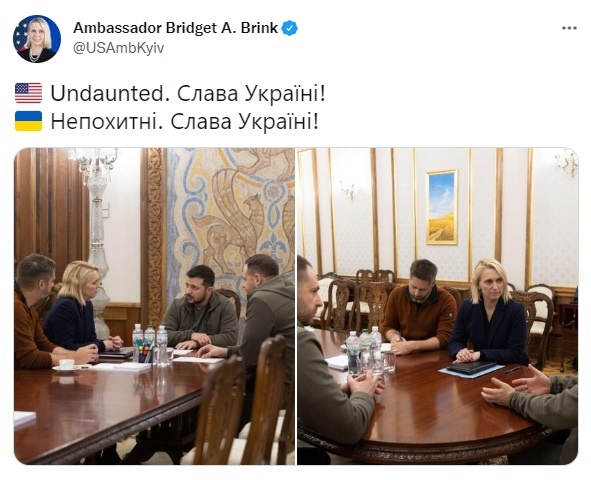 러시아의 미사일 공습 이후 볼로디미르 젤렌스키 우크라이나 대통령과 면담을 공개한 브릿지 브링크 우크라이나 주재 미국 대사 트위터 갈무리.
