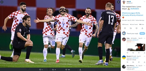 크로아티아 대표팀 크로아티아가 지난달 23일 덴마크와의 네이션스리그에서 마제르의 득점 이후 기뻐하고 있다. 