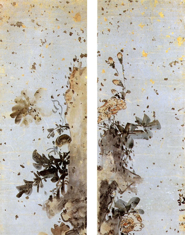 김수철, 19세기, 종이에 수묵담채 금은박, 각 127.3 x 29.1 cm