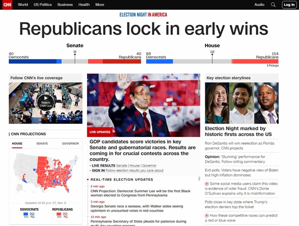 미국 중간선거 개표 현황을 보도하는 CNN 방송 갈무리