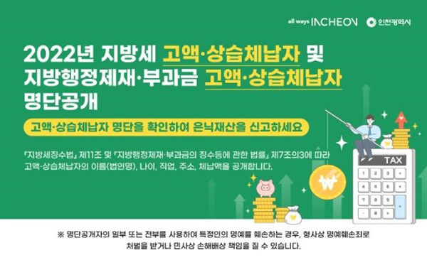 인천시는 상습적으로 지방세 등을 체납해 온 486명의 명단을 11월 16일 인천시 누리집(incheon.go.kr)에 공개했다.
