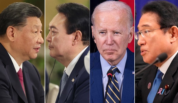 왼쪽부터 시진핑 중국 국가주석, 윤석열 대한민국 대통령, 조 바이든 미국 대통령, 기시다 일본 총리.