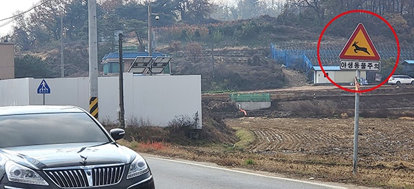  ‘야생동물주의’ 교통안내표지판은 평촌삼거리 근처에 세워놓은 1개가 전부다.