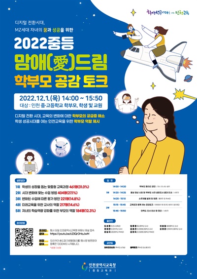 인천시교육청은 12월 1일 중·고등학교 학부모를 대상으로 하는 '맘애(愛)드림, 학부모 공감토크'를 오프라인과 유튜브 라이브 방송으로 진행한다.
