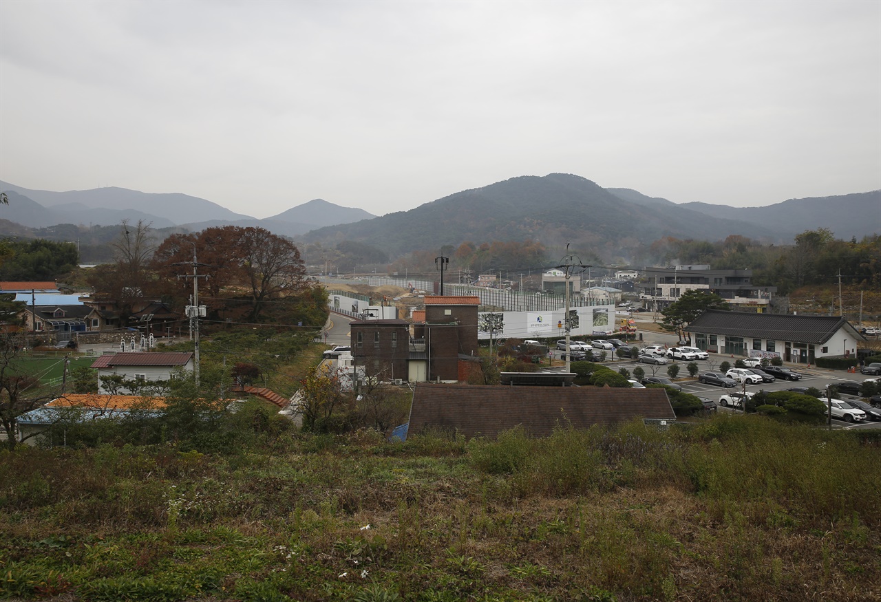 김덕령 부조묘에서 본 충효마을 풍경. 당산나무와 주차장이 한데 어우러져 있다.