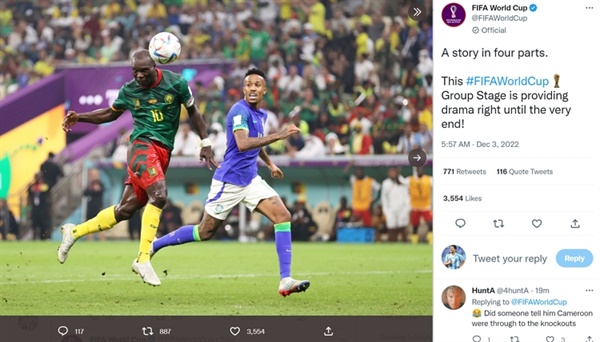 뱅상 아부바카 카메룬의 공격수 아부바카가 브라질전에서 헤더로 결승골을 터뜨린 장면