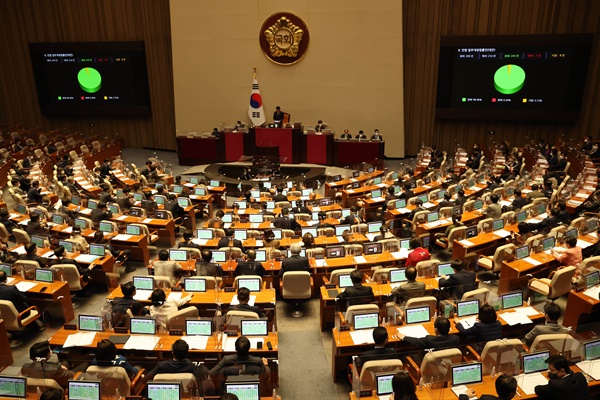 8일 국회에서 열린 본회의에서 내년 6월부터 '만나이 통일'하는 민법 일부개정 법률안이 통과되고 있다. 