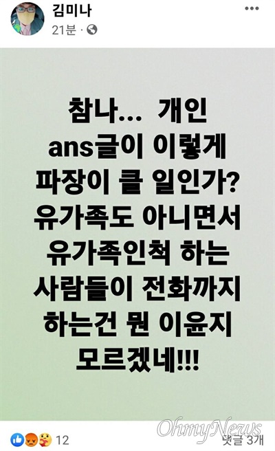  국민의힘 김미나 창원시의원이 자신의 페이스북을 닫기 전에 올린 글.