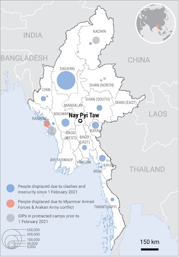 10월 말 기준으로 미얀마 내 무력 충돌과 불안으로 발생한 실향민 수 현황이다.

