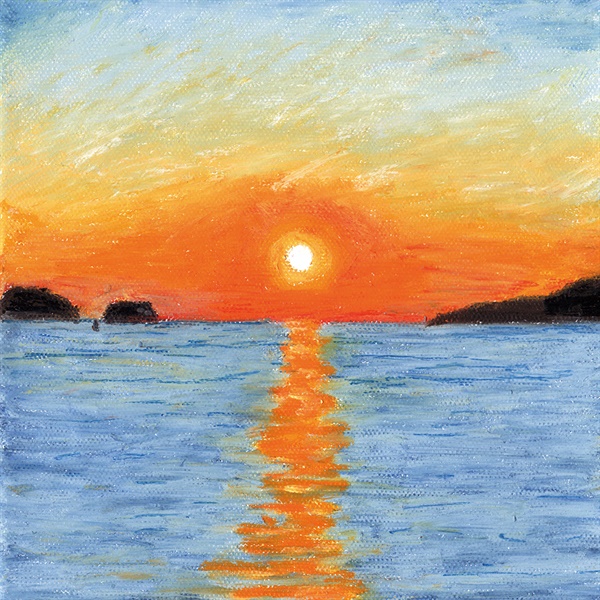 정서진02(20×20cm, Oil pastel on canvas, 2020) 작가는 정서진을 처음 화폭에 담은 후로, 햇살 좋은 날에도 궂은날에도 늘 정서진을 찾았다. 어떤 날이라도 다 좋지만, 비가 온 그다음 날의 노을이 가장 아름답다고. 그 모든 기억과 풍경은 고스란히 그림이 됐다.