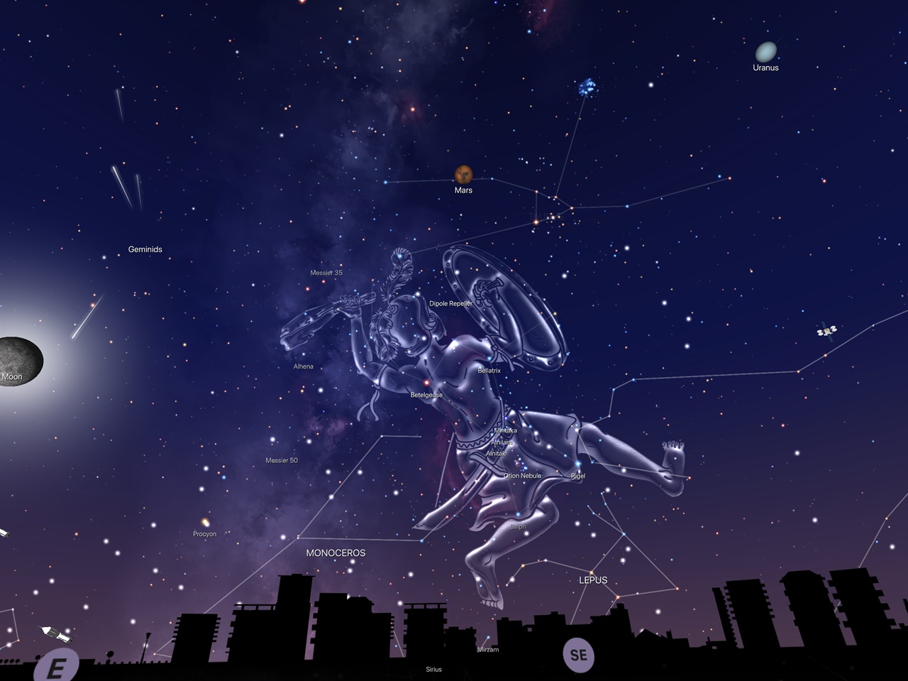 틸리 하늘에서 보이는 오리온자리. 'Night Sky'라는 앱을 이용하면 자세히 볼 수 있습니다. 